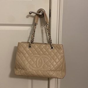 Chanel Used Quilted Grand Shopper Purse in Tan